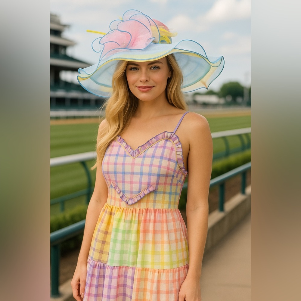 Kentucky Derby Hat Pastel Rainbow Organza Feathers Wide Brim Easter Church Hat